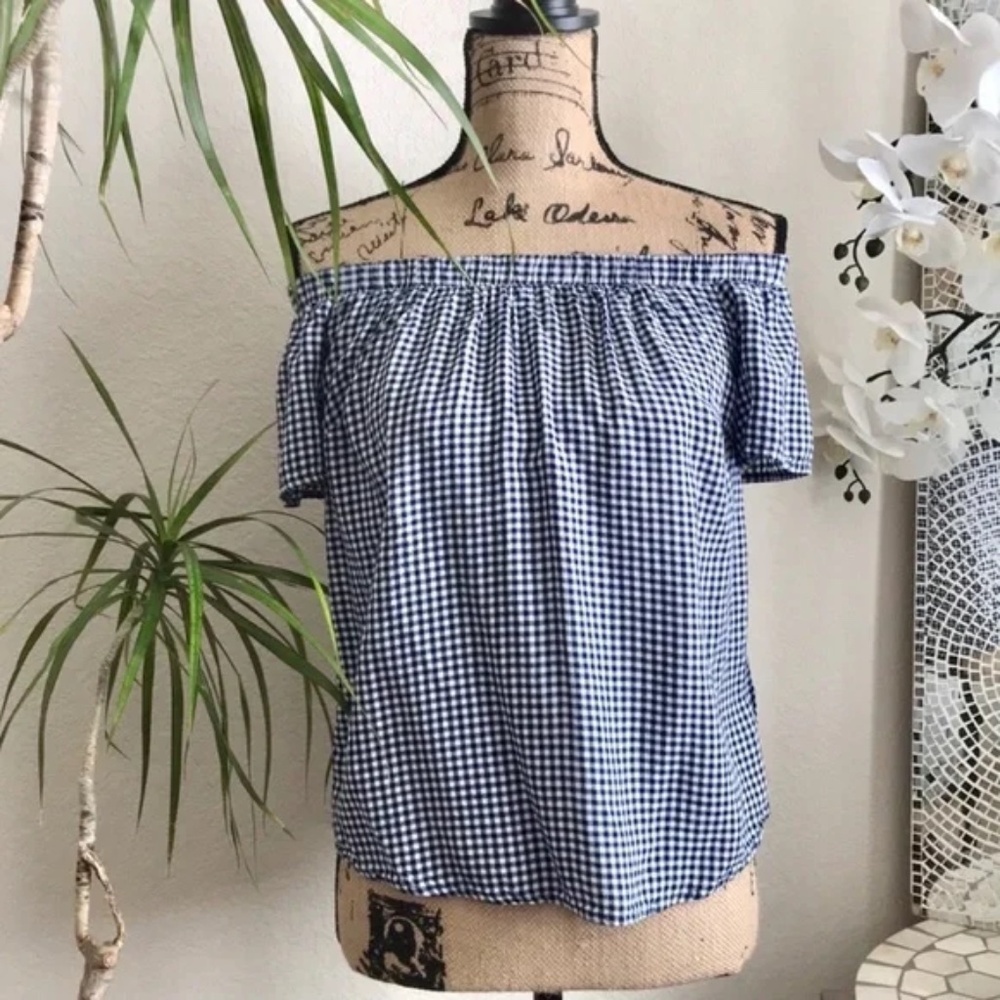 Mossimo Supply Co. Navy Blue Gingham Off Shoulder Short Sleeve Top Size S